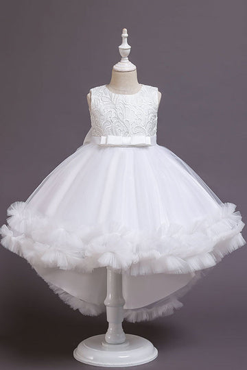 Fille de fleur blanche haute basse Robe avec nœud papillon
